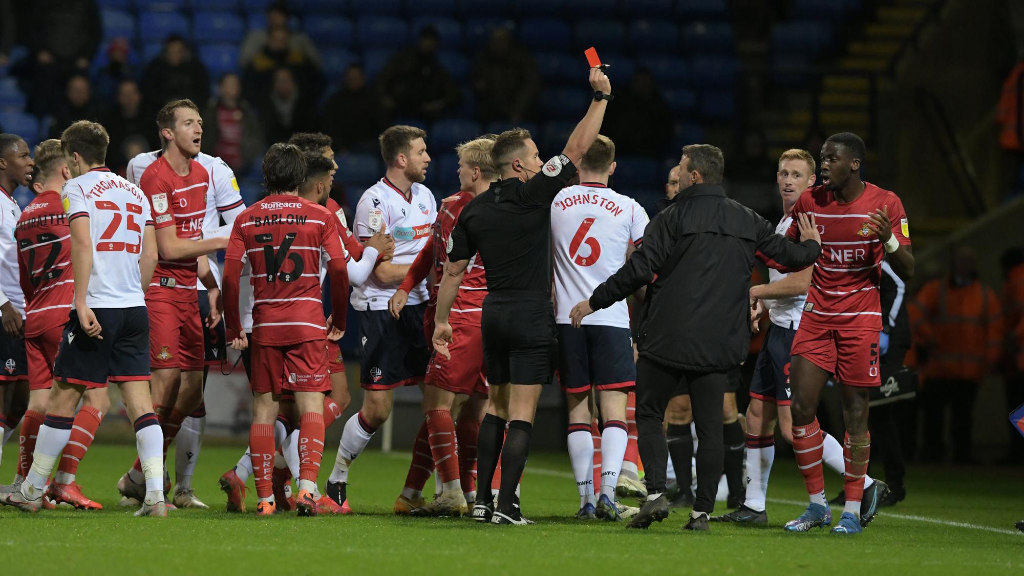 Joseph Olowu is sent off by referee Stephen Martin. Picture: Howard Roe/AHPIX