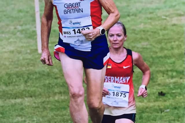 Dot Kesterton of the victorious British Masters Relays Virtual 5K team from Sheffield's Steel City Striders, pictured at the 2019 European Masters Athletics Championships 4K Cross Country race