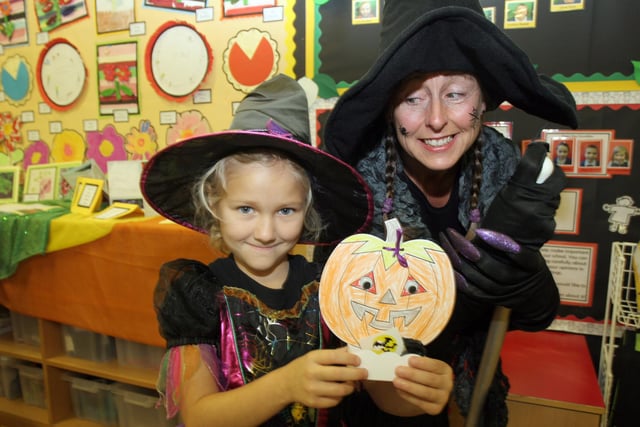 Ellie Brookes and Linda Remeikis at a Halloween fair in Crofts School, Alfreton, in 2009.