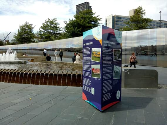 One of the monoliths outside Sheffield railway station charting the history of women's football, part of celebrations of the Women's Euros 2022 in the city