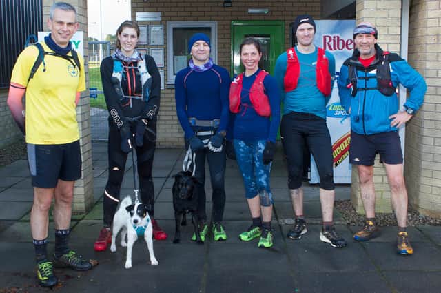 Anya and Rory Campbell, Calum Stewart, Jamie Entwhistle, Martin Macdonell and Rachel McAleese at Tweedbank for Gala Harriers and Lauderdale Limpers' 10-mile social run on Sunday (Photo: Bill McBurnie)