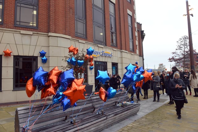 Balloons in the colours of Hays Travel outside the company's head office.