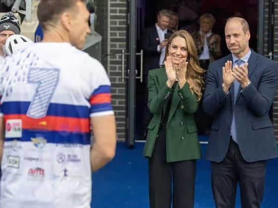 The Prince and Princess of Wales greet Sir Kevin Sinfield at Wakefield Trinity stadium