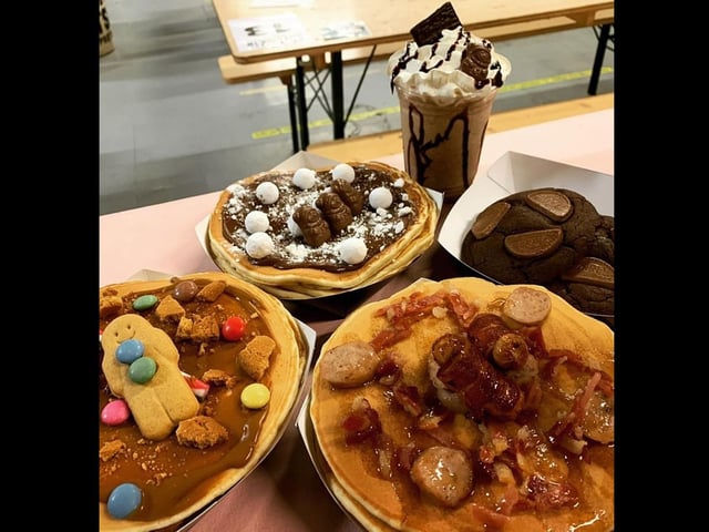 Fat Stacks, Southsea. The Gingerbread Stack, The Piggy Stack, The Snowy Stack, Terry;s Coccy Orange Cookies and Minty Wonderland Milkshake.
