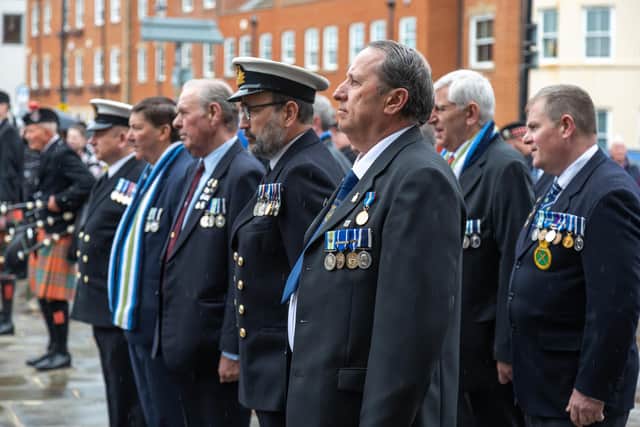 Former members of the ships company from HMS Sheffield at the service. Picture: Mike Cooter (010522)