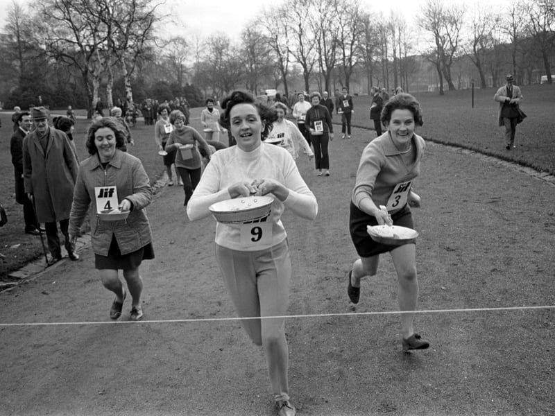 Mina Mitchell wins the Jif pancake race at Kelvingrove Park, Glasgow, February 1971.