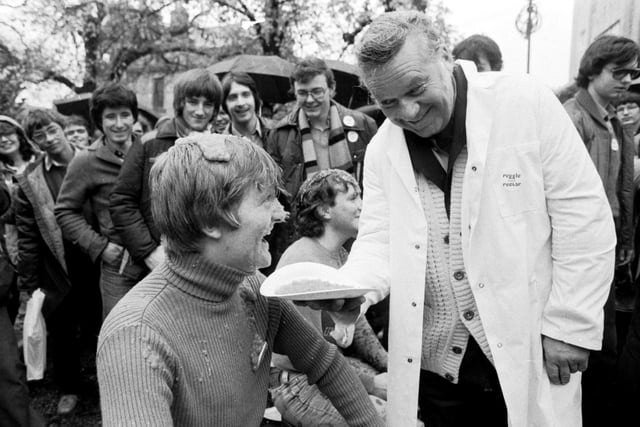 Future leader of the Liberal Democrat party, Charles Kennedy was president of the Glasgow University Student Union when broadcaster Reginald Bosinquet (right) conducted his campaign to become rector in October 1980. Part of the rectorial was a soup-throwing competition.