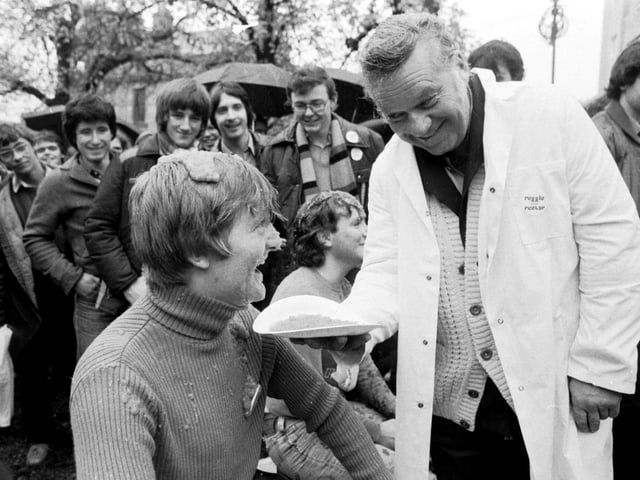 Future leader of the Liberal Democrat party, Charles Kennedy was president of the Glasgow University Student Union when broadcaster Reginald Bosinquet (right) conducted his campaign to become rector in October 1980. Part of the rectorial was a soup-throwing competition.