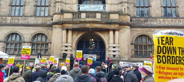 A crowd of people gathered outside Sheffield Town Hall to protest the Nationality and Borders bill.