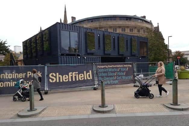 Pictured is Sheffield's Container Park, at Fargate, Sheffield, which has faced opening delays and public criticism that the project could be a "waste of money".