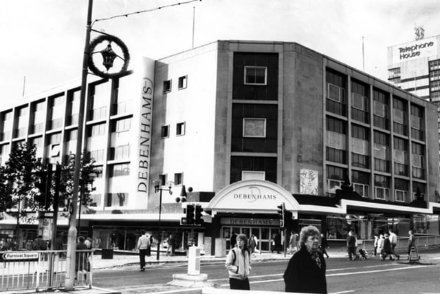Debenhams department store at the top of The Moor in Sheffield city centre, with Telephone House in the background, in 1987. Debenhams closed in 2021 and the building is still empty