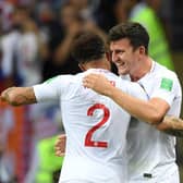 Sheffield-born pair Kyle Walker and Harry Maguire of England celebrate during the 2018 FIFA World Cup.