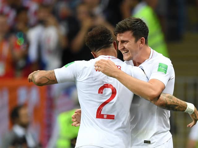 Sheffield-born pair Kyle Walker and Harry Maguire of England celebrate during the 2018 FIFA World Cup.