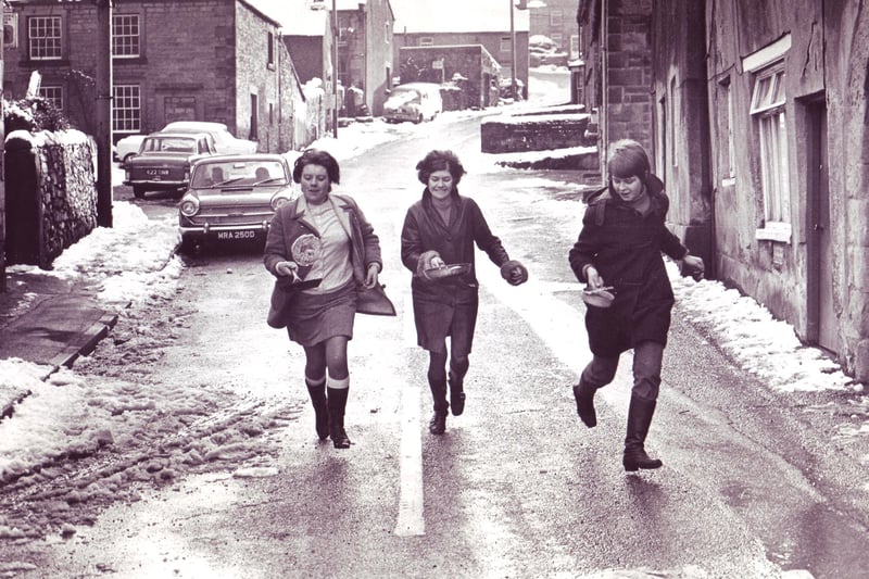 Winners of the Winster Pancake Race for Ladies - left to right Pauline Fox (1st), Carolyn Boam (3rd) and Ann Marsden (2nd) on 10th February 1970