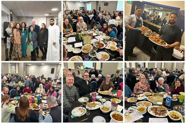 A community iftar dinner orgamised at Hillsborough Stadium in Sheffield brought together a diverse range of guests from city communities to celebrate Ramadan. Collage supplied by Adeel Zaman