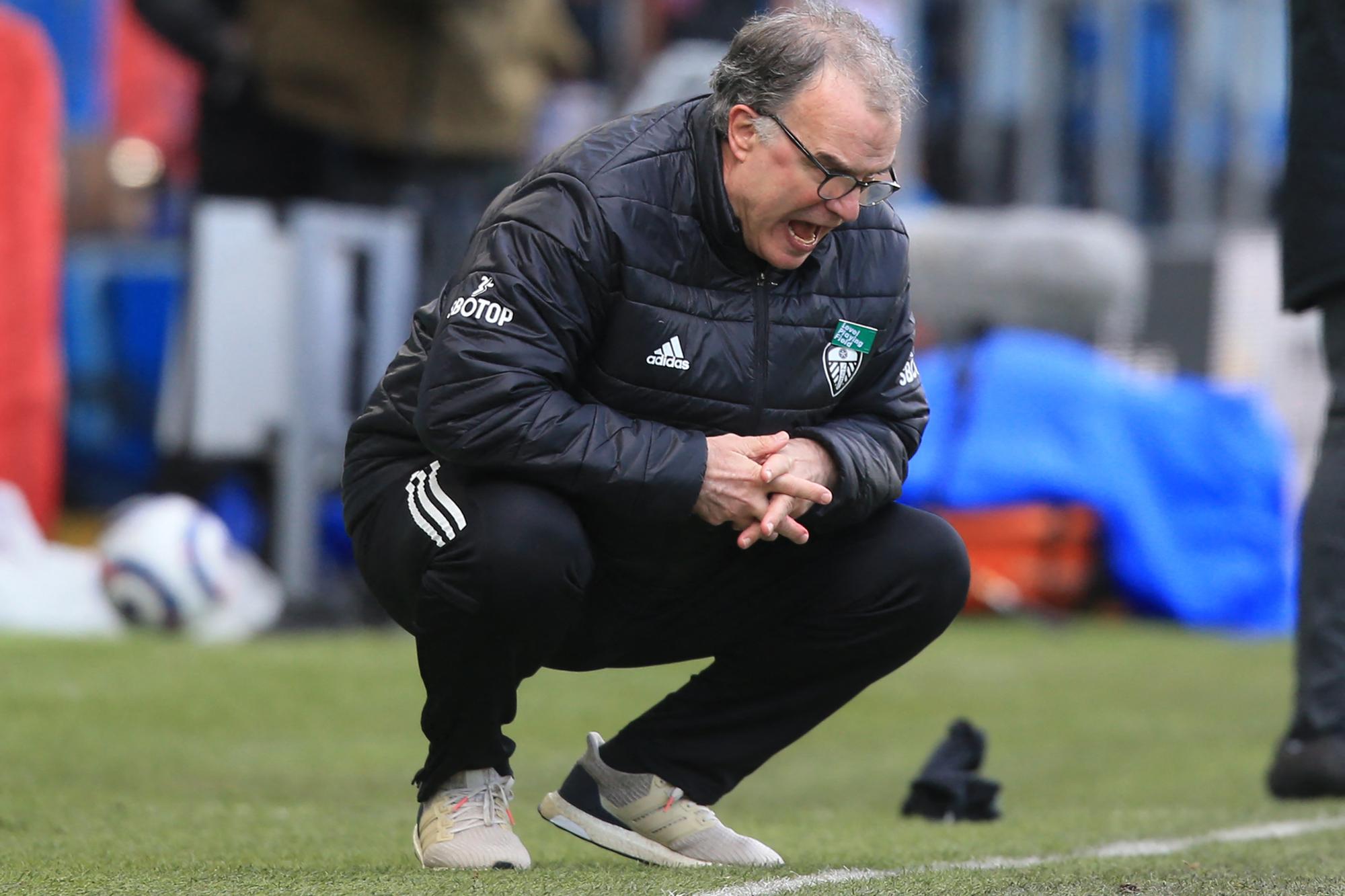 Leeds United's Argentinian head coach Marcelo Bielsa looks on from the sidelines during the English Premier League football match between Leeds United and Chelsea at Elland Road.