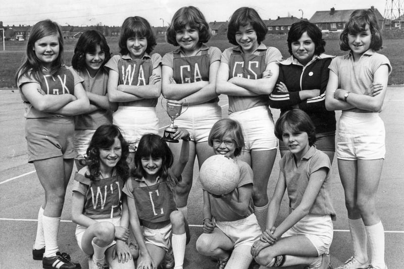 The St James Junior School, Hebburn netball team who won the South Tyneside Junior School's Netball League in 1978.  In the picture are, back row: left to right:  Lynne Connolly, Carol Nicol, Helen Tittrington, Claire Fitzpatrick, Maria Carr, Lisa Chilos and Elizabeth Tittrington. Front, Dawn Butler, Carol Martin, Wendy Griffiths and Debra Harbison.