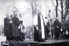The unveiling of the King Edward VII School War Memorial in November 1921 by the Bishop of Sheffield. Picture taken from Hear Their Footsteps - King Edward VII School and the old Edwardians in the Great War 1914-1918 by John Cornwell