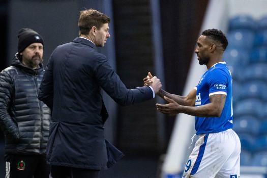 Manager Steven Gerrard acknowledges Defoe after finding the net during a terrific display in a 4-0 thrashing of Cove Rangers in the Scottish Cup