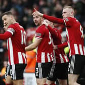 Oli McBurnie of Sheffield United points to the big screen replay of the Enda Stevens of Sheffield Utd goal during the Premier League match at Bramall Lane, Sheffield.  Simon Bellis/Sportimage