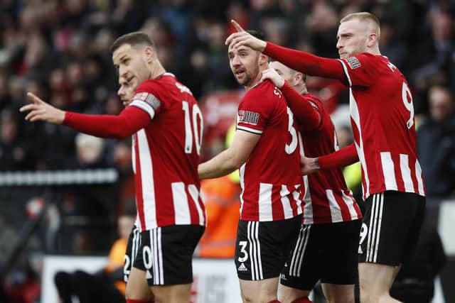 Oli McBurnie of Sheffield United points to the big screen replay of the Enda Stevens of Sheffield Utd goal during the Premier League match at Bramall Lane, Sheffield.  Simon Bellis/Sportimage