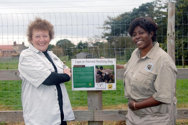 Conservation ambassador Maria Ngambwe, from Zimbabwe (right) is pictured at Yorkshire Wildlife Park with Janet Campbell, Trustee of Painted Dog Conservation (left) in 2012