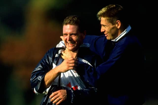 Chris Waddle and Paul Gascoigne share one of many lighter moments while on England duty back in October 1990.