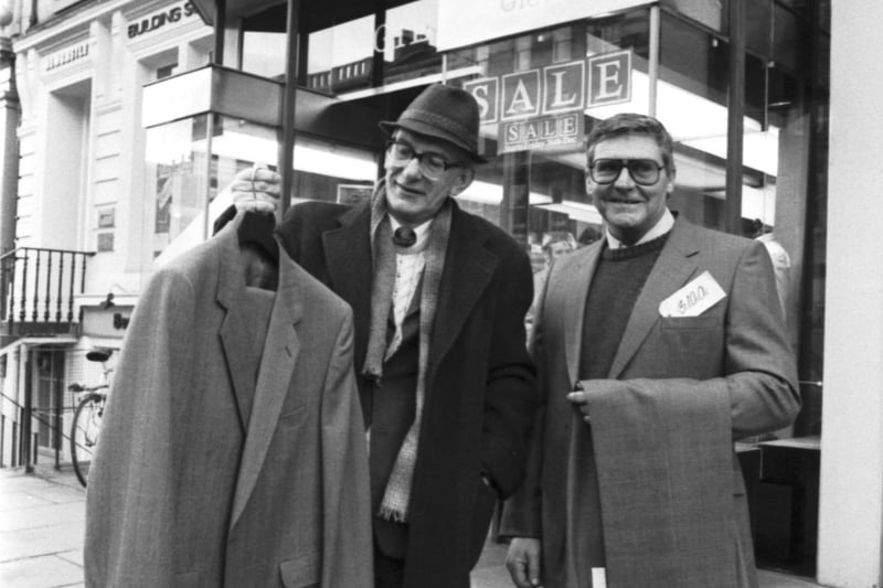 James Wardall and Colin Manson with their suits, bought from George Street tailors Gieves & Hawkes at 1911 prices when the Edinburgh shop celebrated its 75th anniversary in December 1986.