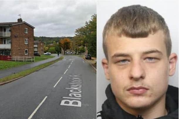 Pictured is Callom Taylor, aged 19, of no fixed abode, who has pleaded guilty to assault occasioning actual bodily harm, three counts of possessing an offensive weapon, four counts of wounding with intent and one count of robbery. Also pictured is Blackstock Road, at Gleadless, Sheffield, where the robbery and a stabbing was reported to have happened.
