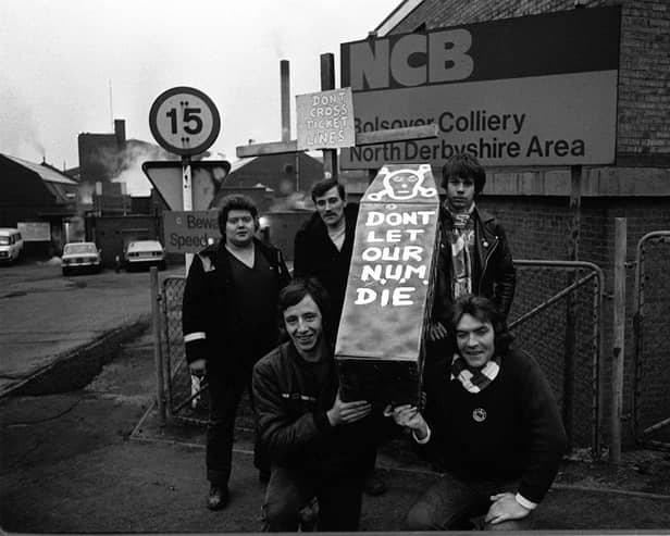 Miners Strike 6th  April 1984. Pickets with coffin at Bolsover Colliery. Picture Brian Vaughan