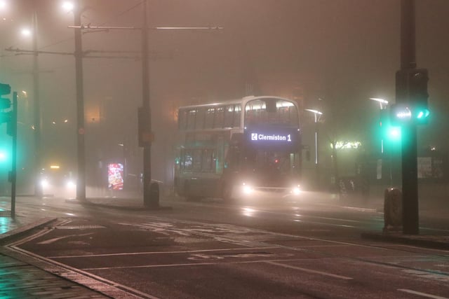 The heavy mist will have meant conditions were a little sketchy for drivers on the road. Here's a photo of a Lothian bus making its way through Edinburgh's city centre in the thick fog.