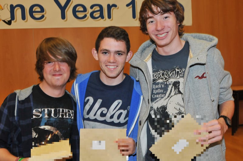 St. Hild's School pupils (left to right) Kyle Porritt, Anthony Steele and David Brennan with their GCSE exam results 9 years ago.