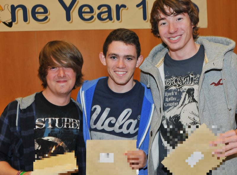 St. Hild's School pupils (left to right) Kyle Porritt, Anthony Steele and David Brennan with their GCSE exam results 9 years ago.