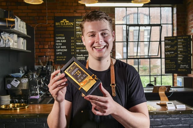 Bullion Craft Chocolate - owned by Max Scotford, pictured - sells fine 'bean to bar' chocolate, made in Sheffield. The range includes heart-shaped, coffee-flavoured gold-wrapped chocolates filled with caramel as well as Seville orange chocolate coins and packed chocolate hampers. (https://www.bullionchocolate.com)