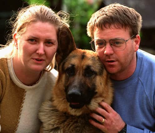 Gnasher was found welded up in a steel container in Barnsley pictured in 1998 back with Helen & Martin Cross of Ironcliff Road, Bolsover, Chesterfield,