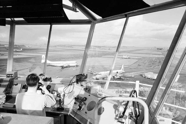 Prestwick Airport in the 1960s - View from control tower - Stratocrusier is given instructions for parking.