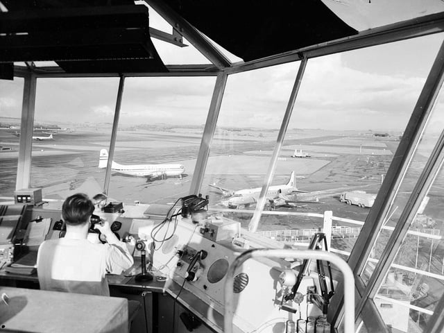 Prestwick Airport in the 1960s - View from control tower - Stratocrusier is given instructions for parking.