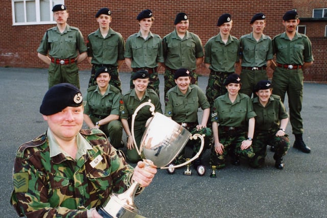 Young Army Cadets from South Shields Army Training Corps  won first place in the Durham County Shooting Competition in 1994.  Staff Sgt Paul Guy holds the trophy.