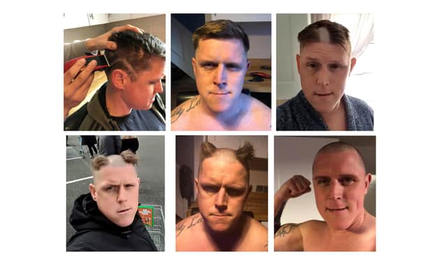 Les Emmence donned multiple bold looks as he shaved his hair in stages to raise more than £700 for the NHS.