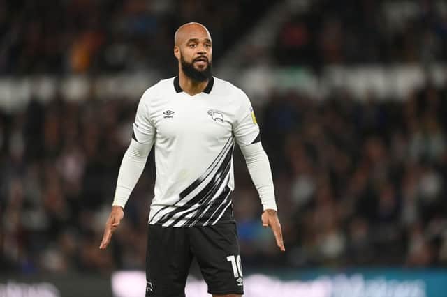 DERBY, ENGLAND - OCTOBER 25: David McGoldrick of Derby looks on during the Sky Bet League One between Derby County and Exeter City at Pride Park Stadium on October 25, 2022 in Derby, England. (Photo by Michael Regan/Getty Images)