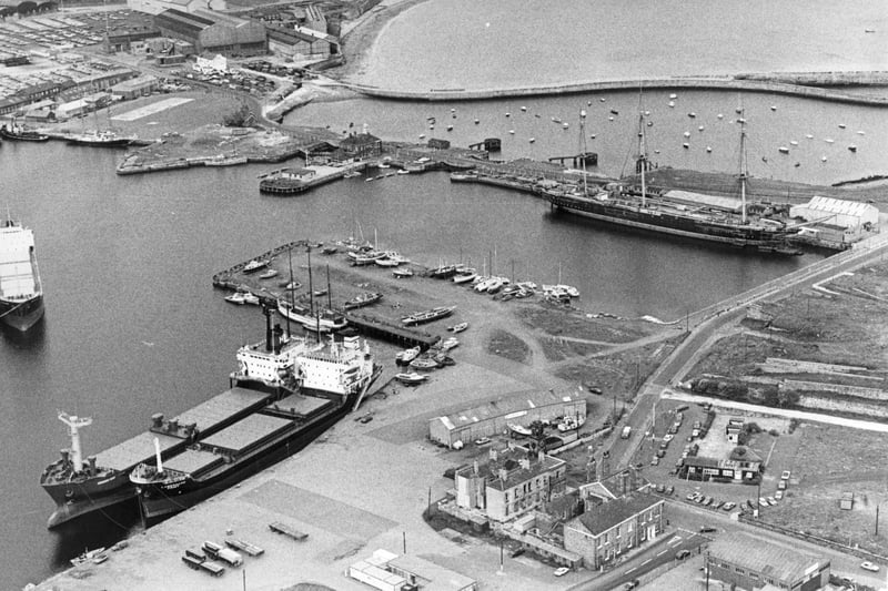 An aerial view of Hartlepool Docks in 1986 at a time when restoration work was nearing completion on HMS Warrior.