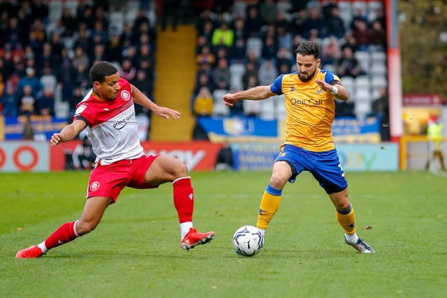 Mansfield Town defender Stephen McLaughlin goes forward with the ball.