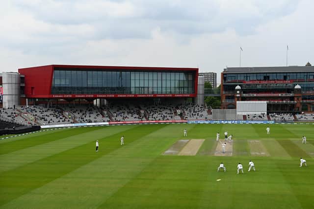 MANCHESTER, ENGLAND - MAY 28: General view of play during the LV= Insurance County Championship match between Lancashire and Yorkshire at Emirates Old Trafford on May 28, 2021 in Manchester, England. (Photo by Gareth Copley/Getty Images).
