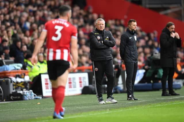 SHEFFIELD, ENGLAND - MARCH 07: Chris Wilder, Manager of Sheffield United looks on during the Premier League match between Sheffield United and Norwich City at Bramall Lane on March 07, 2020 in Sheffield, United Kingdom. (Photo by Ross Kinnaird/Getty Images)