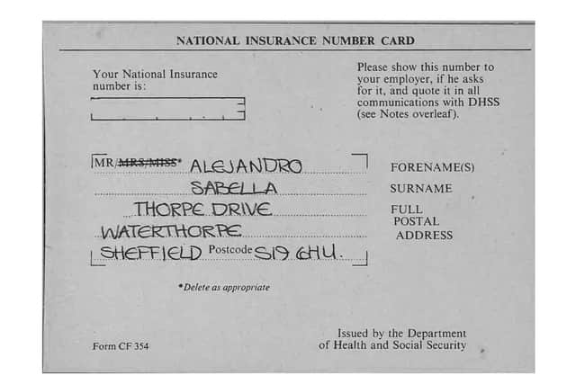 Alex Sabella's national insurance card, issued after he signed for the Blades (Sheffield United/Vertical Editions)