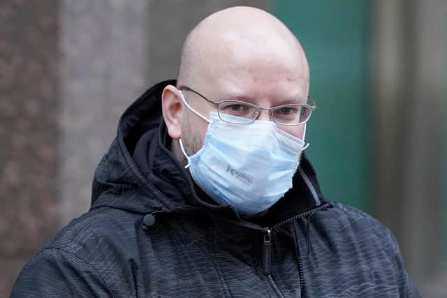 Pictured outside Sheffield Crown Court is stepdad Craig Hewitt, aged 42, of Walkley Road, Walkley, Sheffield, who has denied falsely imprisoning his wife Lorna Hewitt’s 22-year-old son Matthew Langley in an attic bedroom of their family home and neglecting him during a seven-month period.
