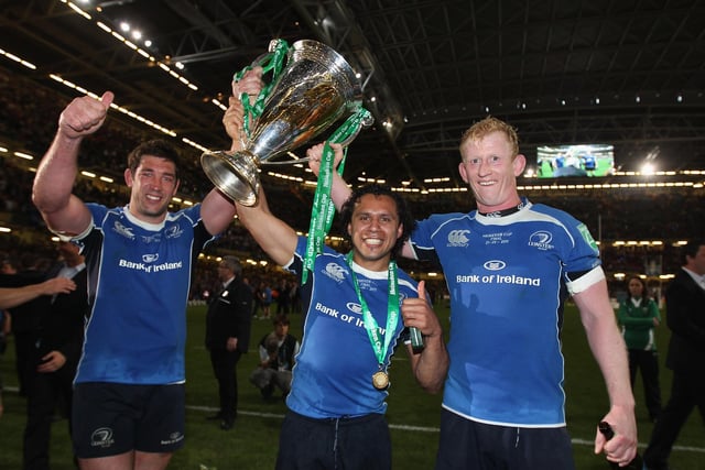 Nathan Hines, left, celebrates with Leinster team-mates Isa Nacewa and Leo Cullen after the Irish club's 33-22 victory over Northampton Saints in the 2011 Heineken Cup final in Cardiff.  Hines was capped 77 times by Scotland and was later assistant coach to Vern Cotter with the national side.