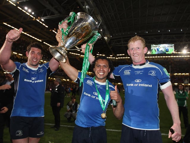 Nathan Hines, left, celebrates with Leinster team-mates Isa Nacewa and Leo Cullen after the Irish club's 33-22 victory over Northampton Saints in the 2011 Heineken Cup final in Cardiff.  Hines was capped 77 times by Scotland and was later assistant coach to Vern Cotter with the national side.