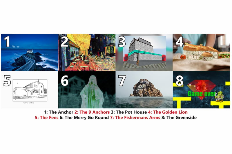 1: The Anchor; 2: The 9 Anchors; 3: The Pot House; 4: The Golden Lion; 5: The Fen; 6: The Merry Go Round; 7: The Fishermans Arms; 8: The Greenside.