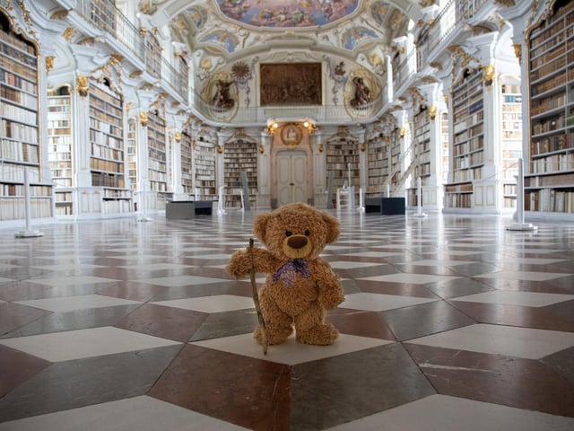 John James the teddy bear at a library in Styria, Austria.
These adorable teddy bears could be the world's most well-travelled cuddly toys - as their photographer owner has chronicled their adventures in 27 different countries. Christian Kneidinger, 57, has been travelling with his teddy bears, named John and Bob since 2014 - and his taken them to some of the world's most famous landmarks. The teddy bears have dressed up in traditional Emirati clothing to visit the Sultan's Palace in Oman, and have braved the cold on a glacier on Lofoten Island in Norway.
